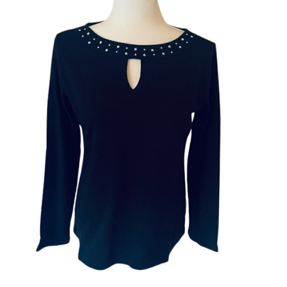 KAREN SCOTT – NWT Long Sleeve Cotton Hotfix-Embellished Keyhole Top – Size S ✨